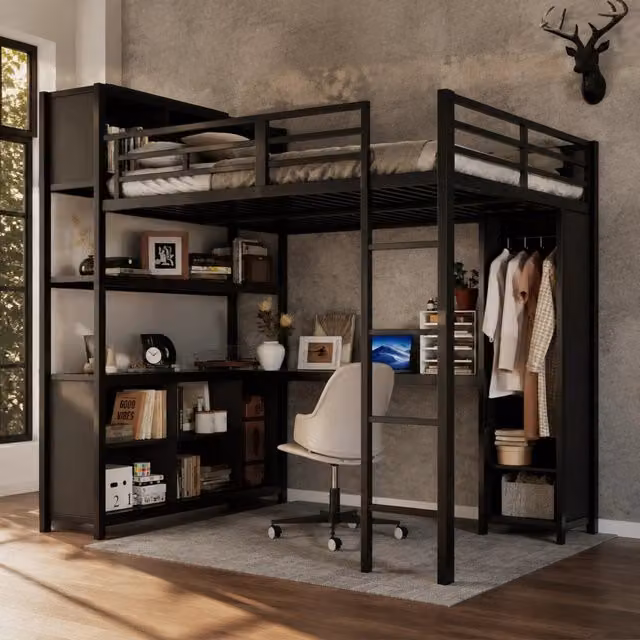 Letto a soppalco 140x200 cm in metallo e truciolare con scrivania; armadio e vani contenitore nero