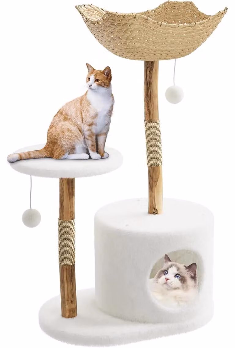 Tiragraffi - Albero da arrampicata - 3 livelli - 109 cm - Cesta grande - Legno - Palla sospesa - Modello B
