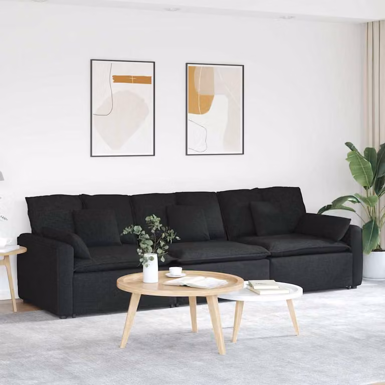 vidaXL Divano Modulare Moderno con Cuscini in Tessuto Nero e Struttura in Metallo e Legno