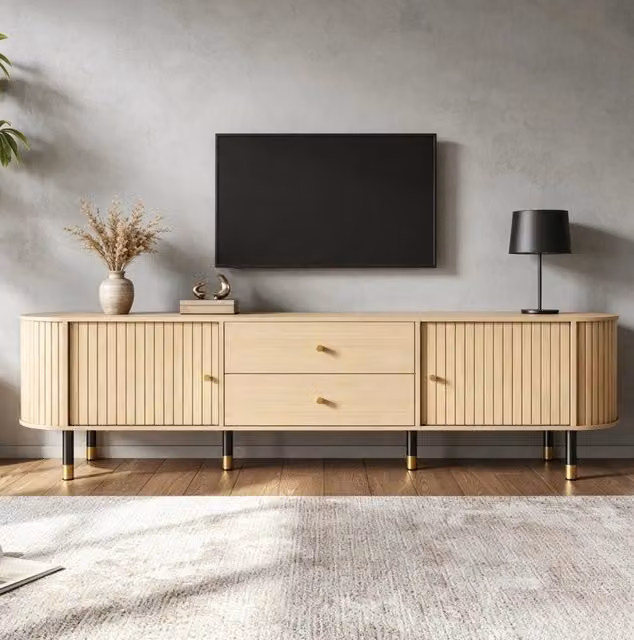 Mobile TV 180x40x58 cm in MDF e truciolare; effetto legno naturale; con 2 cassetti e 2 ante scorrevoli