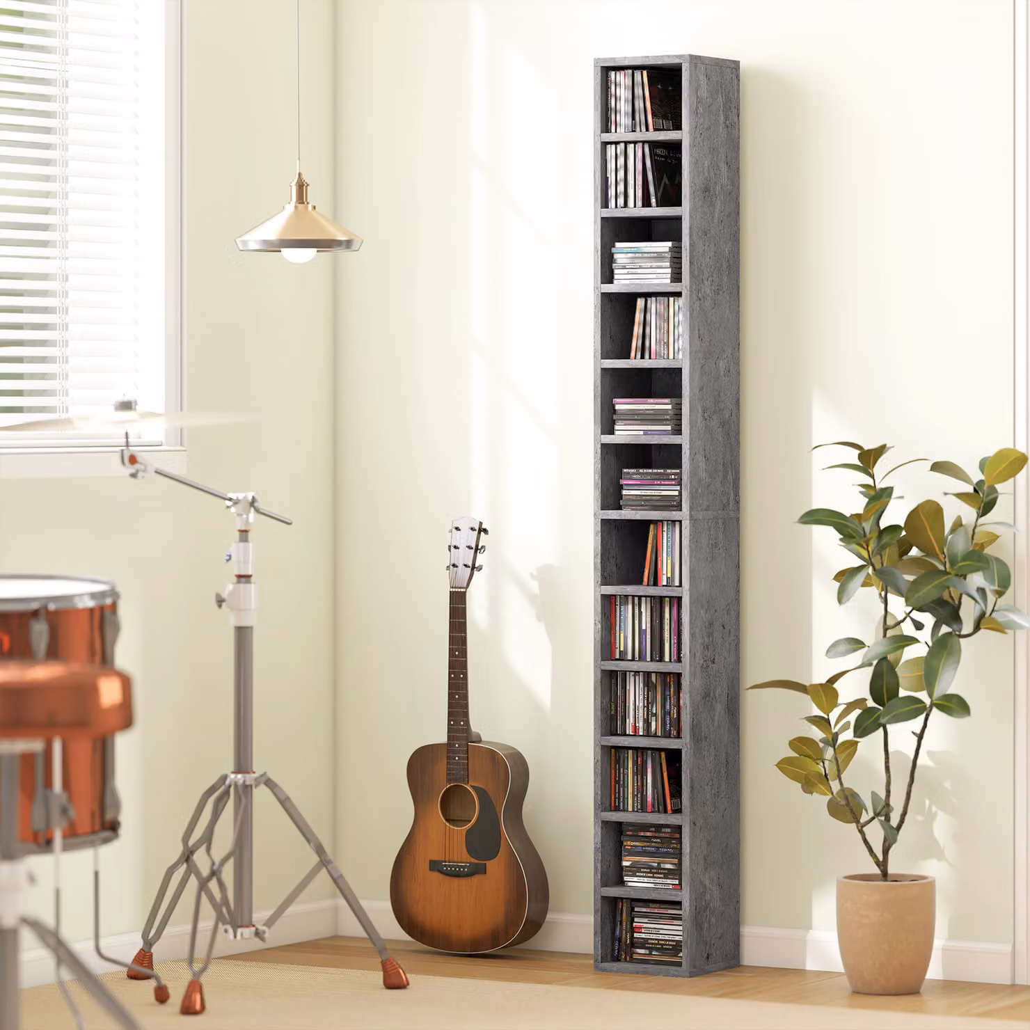 Libreria porta CD HOMCOM con 12 ripiani per 204 CD, in MDF e legno, Grigio, L/P/H: 21 x 11,5 x 175 cm – 2