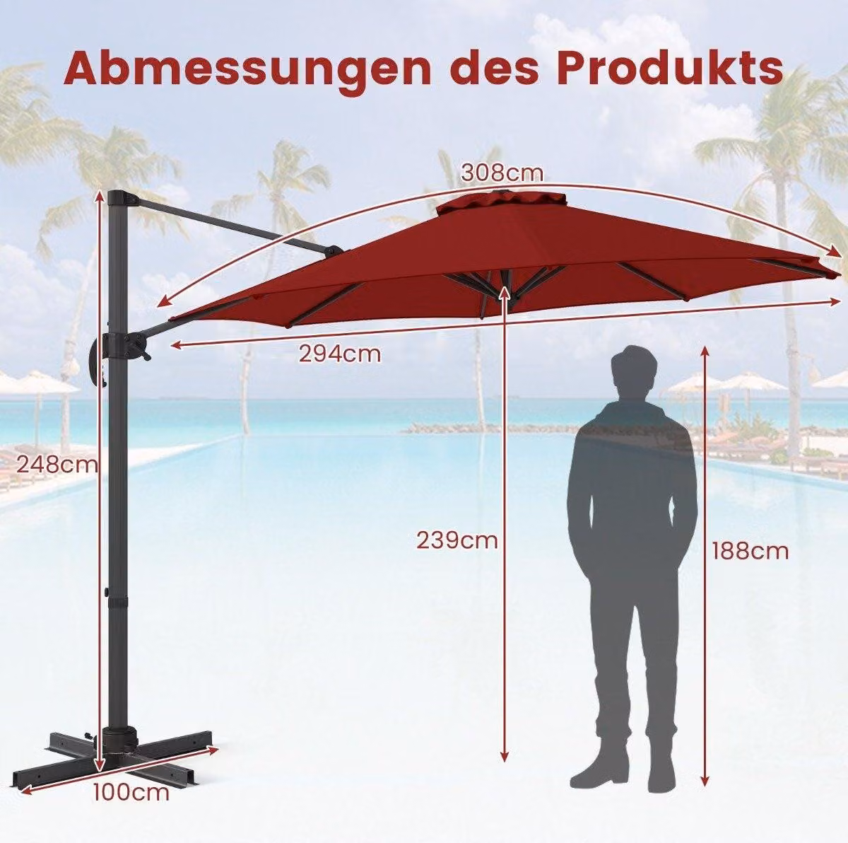 Ombrellone da esterno da 300 cm, inclinazione regolabile, rotazione a 360°