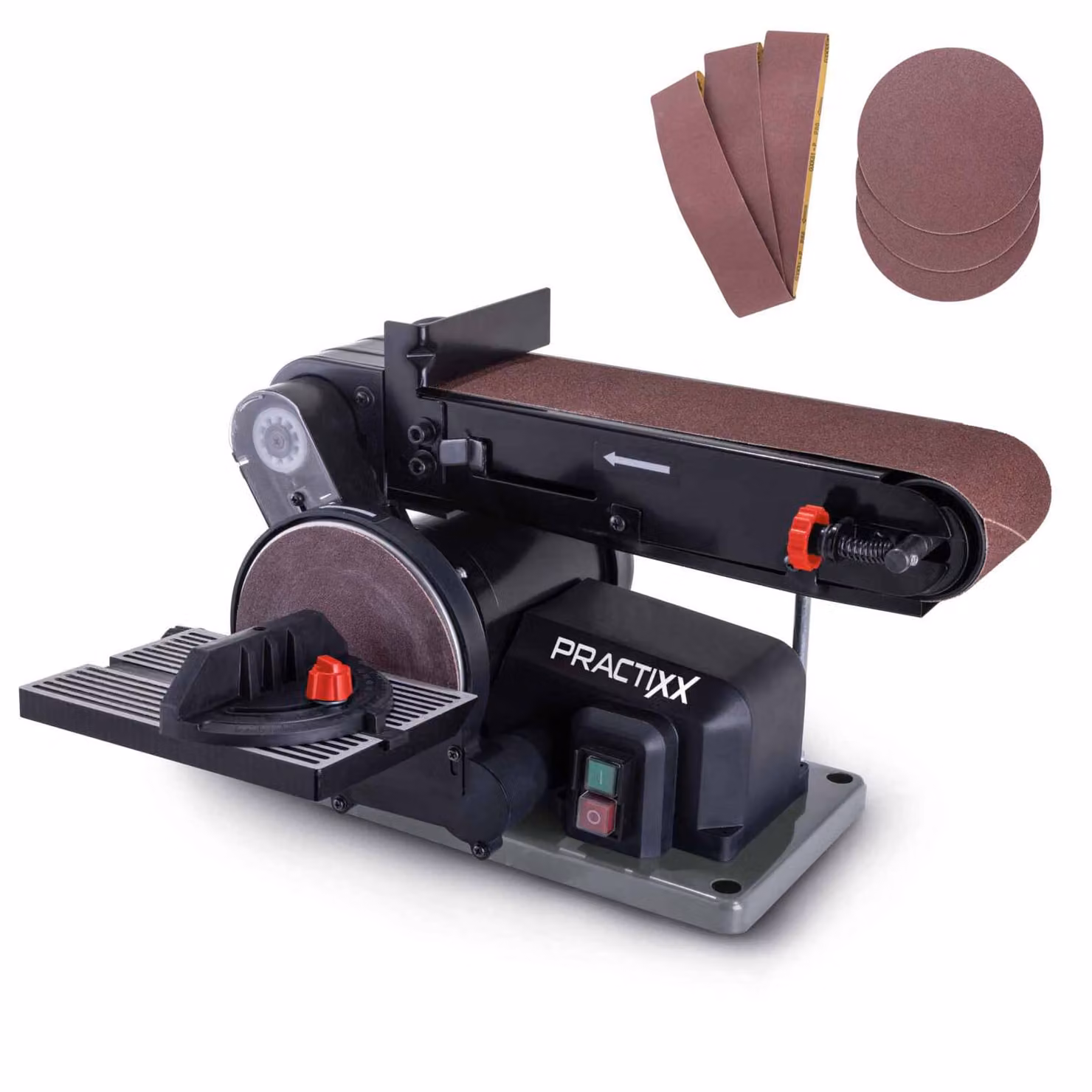 Levigatrice a nastro e a disco PX-BTS-370 Practixx - Levigatrice per legno | 370W | disco abrasivo Ø150mm | lunghezza nastro 100x915mm | set di levigatura da 6 pezzi incluso