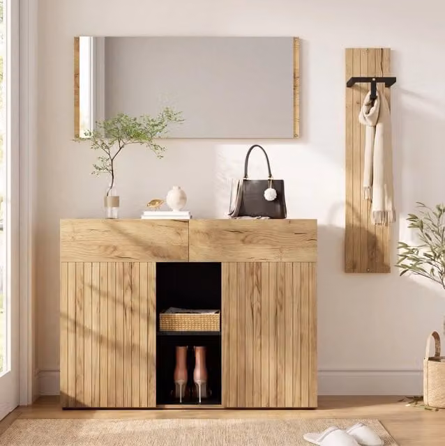 Set ingresso 3 pezzi con scarpiera; appendiabiti e specchio; 125x35x178 cm; MDF e truciolare