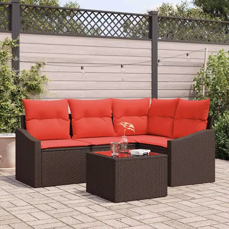 Set di divani da giardino vidaXL a forma di L con tavolo da caffè, struttura in metallo e rattan marrone e cuscini inclusi