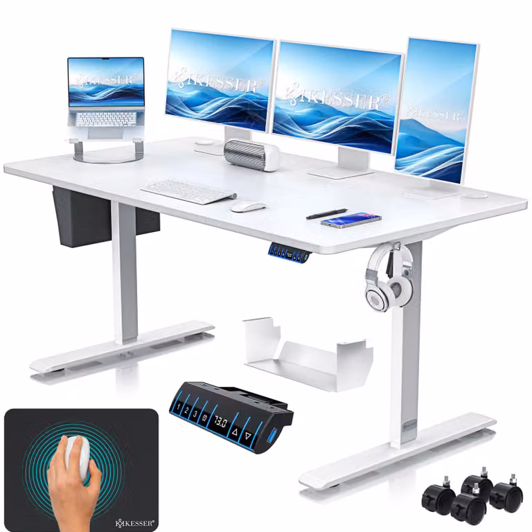 Scrivania regolabile in altezza KESSER®, elettrica, con memoria a 3 posizioni, inclusi rotelle e porta USB