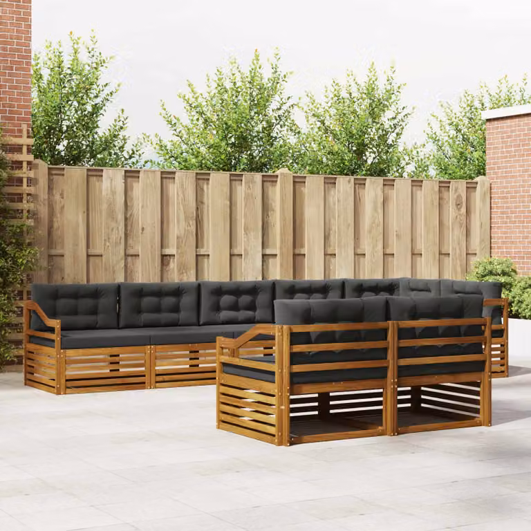 vidaXL Set di divani da esterno a L in legno di acacia con cuscini, colore Marrone e Antracite