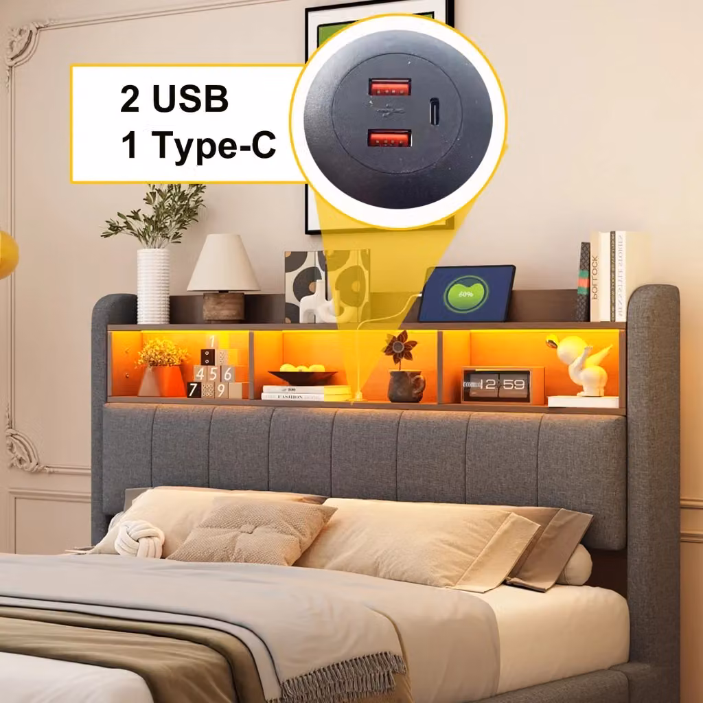 Letto Imbottito REDOM Grigio con Illuminazione LED, Porte USB, Type-C e Vano Testiera L/P/H: 140 x 200 x 110,5 cm – 2