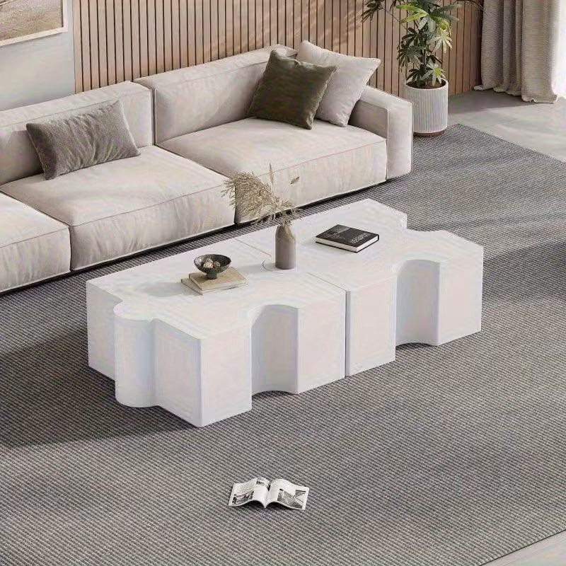 Tavolino – Set di 2 – Bianco, in MDF – Design modulare a forma di puzzle – Design compatto per il soggiorno