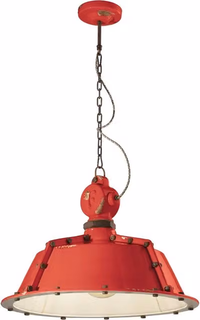 Lampadario Industrial Ferroluce in Metallo e Ceramica Rosso Vintage con 1 Luce E27, Altezza: 52 cm