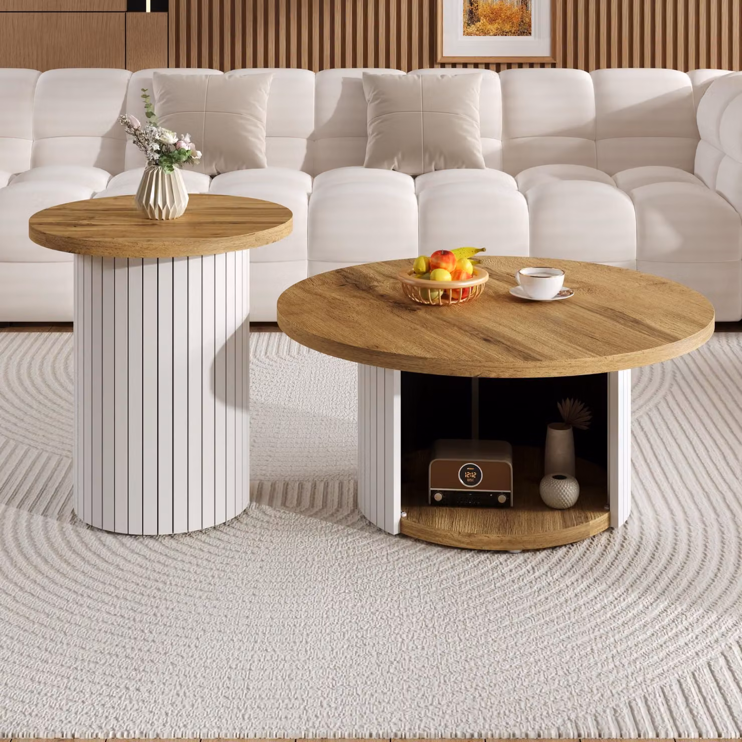 Set di 2 tavolini da salotto rotondi GL Store in stile scandinavo con vano portaoggetti, Colore marrone, L/P/H: 75 x 75 x 50 cm e 45 x 45 x 35 cm – 2