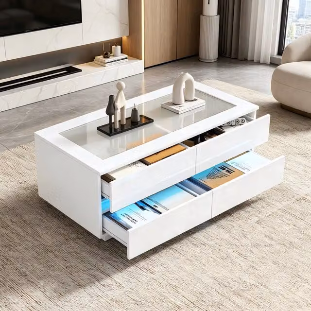 Tavolino da caffè moderno bianco 100x50x40cm, 4 cassetti, illuminazione LED, piano in vetro temperato e fronti lucidi, stabile in truciolato, portata 35kg