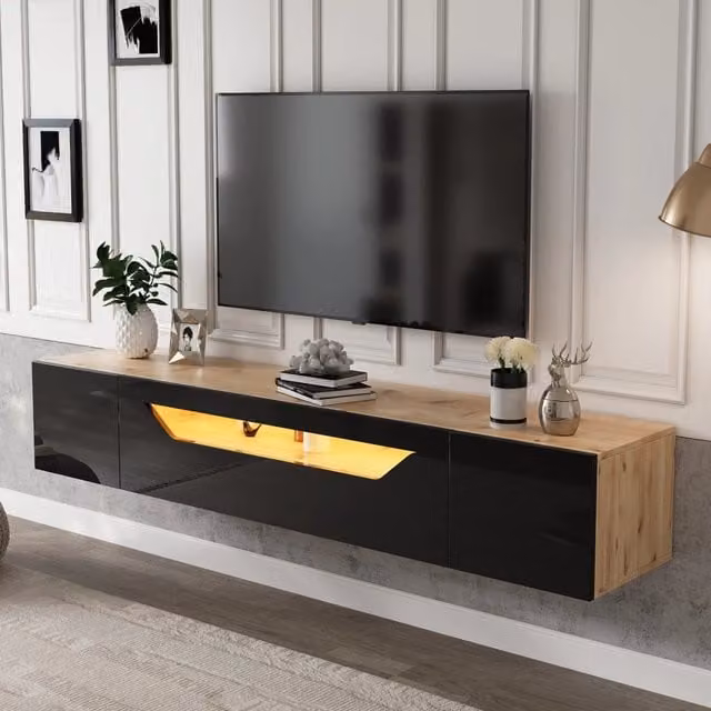 Mobile a muro per TV 180x37x36 cm con 3 scomparti, finitura nero lucido e legno naturale, con luci LED, adatto per TV 75 pollici