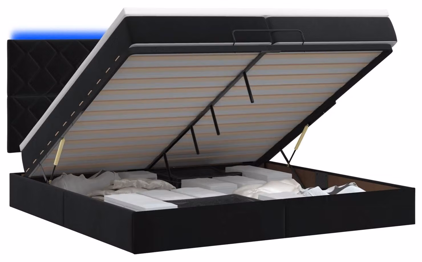 Panca contenitore in stile ottomano con materasso e luci LED, colore nero, dimensioni 200 x 200 cm, rivestita in velluto