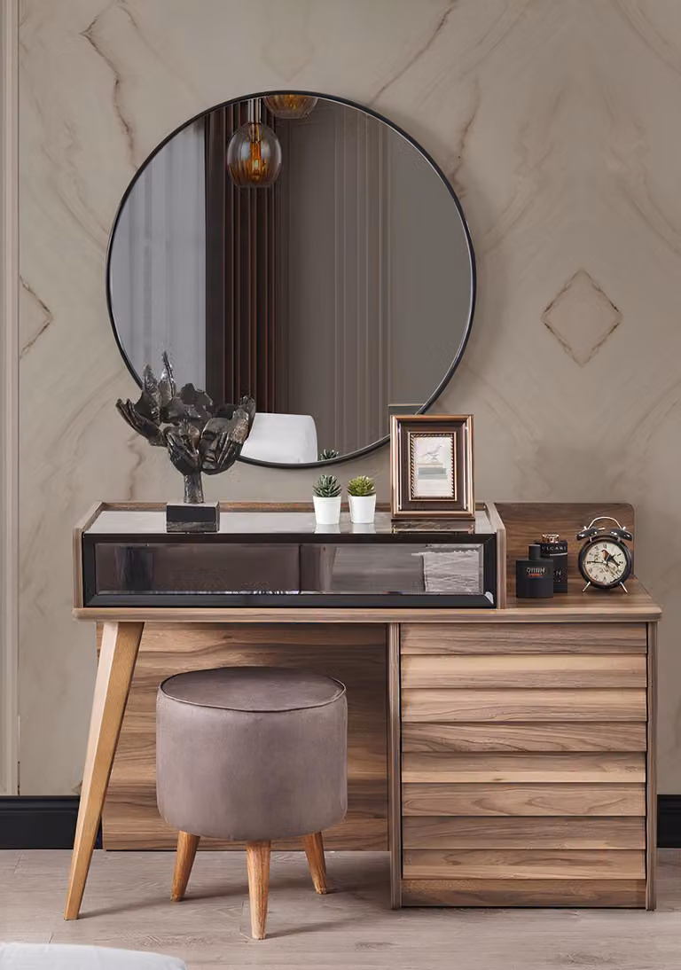 Brauner Holz Schminktisch mit Rundspiegel Designer Schlafzimmer 2tlg Set Konsole