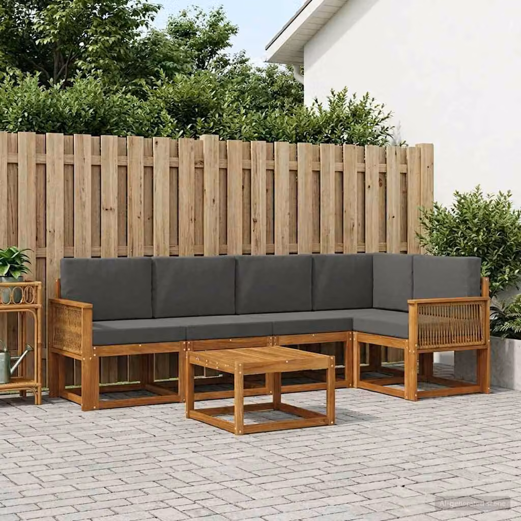 Set di divani da esterno vidaXL a forma di L in legno di acacia con tavolino e cuscini, colore naturale e antracite