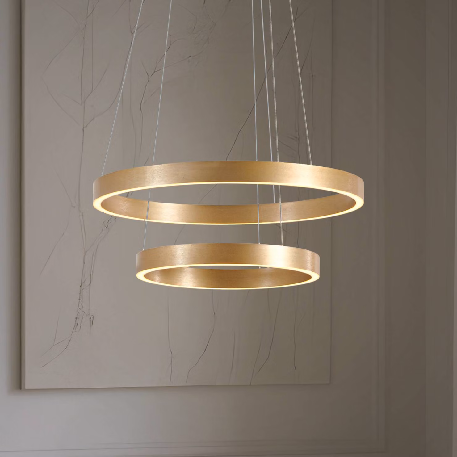 Lucande Lampada a sospensione LED Yonam, Ø 60 cm, 2 luci, oro, CCT Yonam Lucande, dimmerabile, Ottone / Oro, Soggiorno / Sala da pranzo, Metallo, Moderno