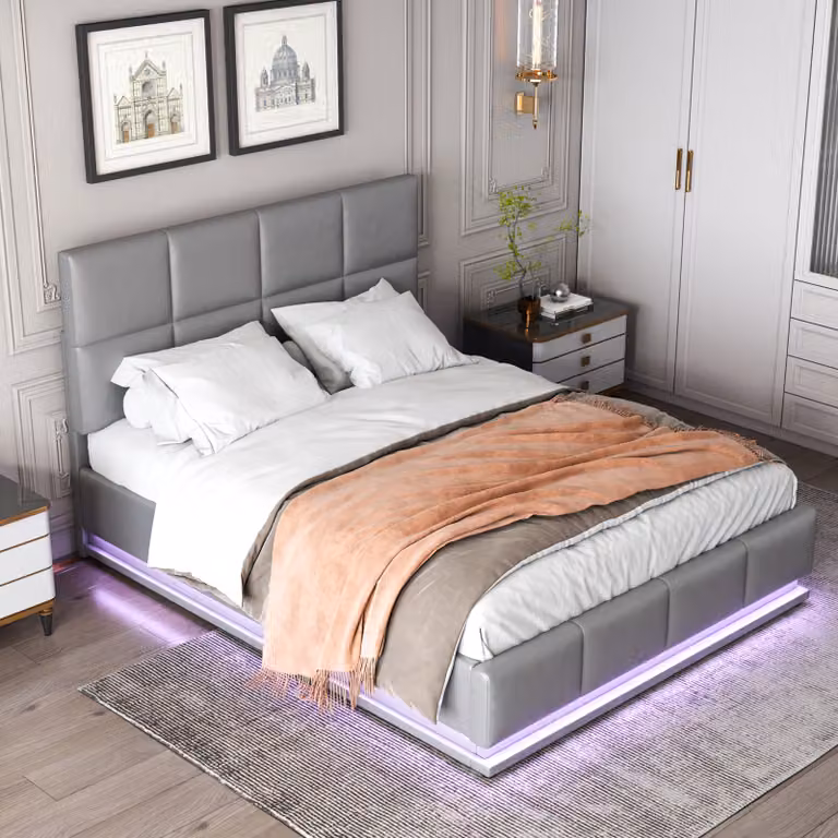 Letto con rete a molle MODFU, idraulico, 140 x 200 cm, con illuminazione a LED, imbottito, funzionale con poggiatesta regolabile, matrimoniale, contenitore per biancheria, colore grigioPoliuretano(senza materasso)