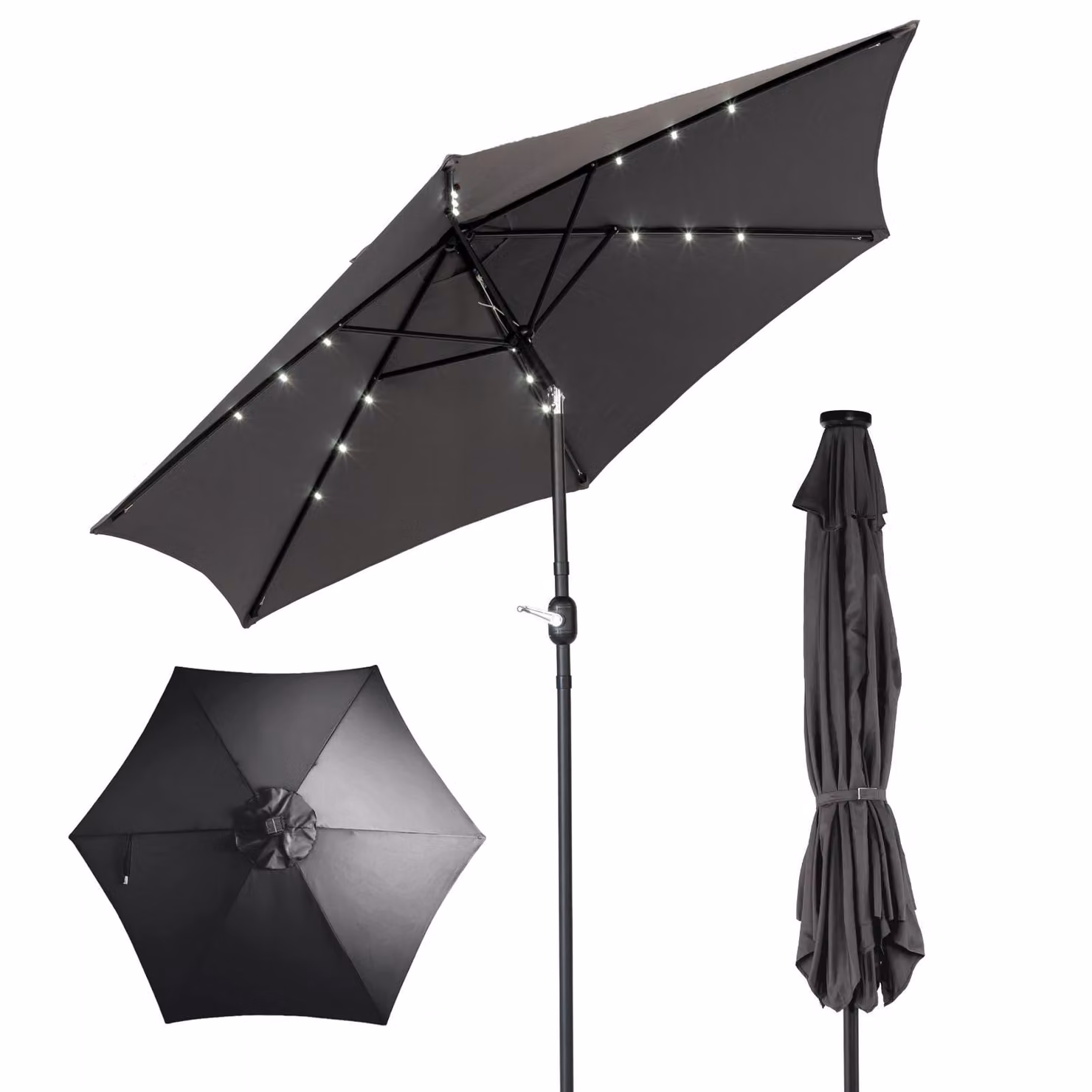 Ombrellone FCH, 266 cm di altezza, con illuminazione a LED solare, ombrellone da giardino da 9 piedi con manovella e inclinazione, protezione solare UPF 50+ impermeabile, ideale per giardino e terrazza, colore grigio