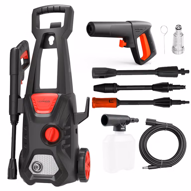 Idropulitrice Lehmann con pompa di aspirazione in alluminio, portata 480 l/h, 1600 W, tubo flessibile ad alta pressione da 5 m, incluso contenitore per detergente