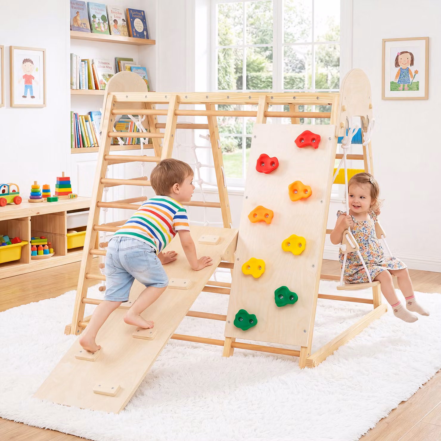 Costway Castello Parco Giochi 8 in 1 Pieghevole da Interno con Altalena e Scala in Legno Naturale per Bambini Montessori