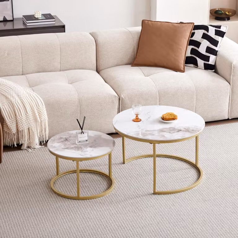 Tavolino rotondo, tavolino ausiliario, bianco, grigio, oro, 70 x 70 x 45 cm, in pietra sinterizzata e metallo