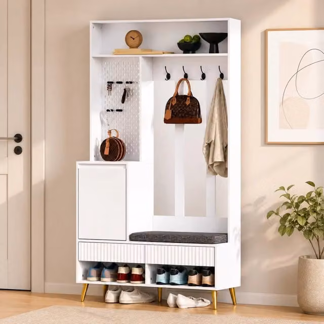 Mobile ingresso MODFU con panca, 4 ganci, 2 cassetti e vano contenitore, bianco, L: 100 cm, P: 35 cm, H: 180 cm