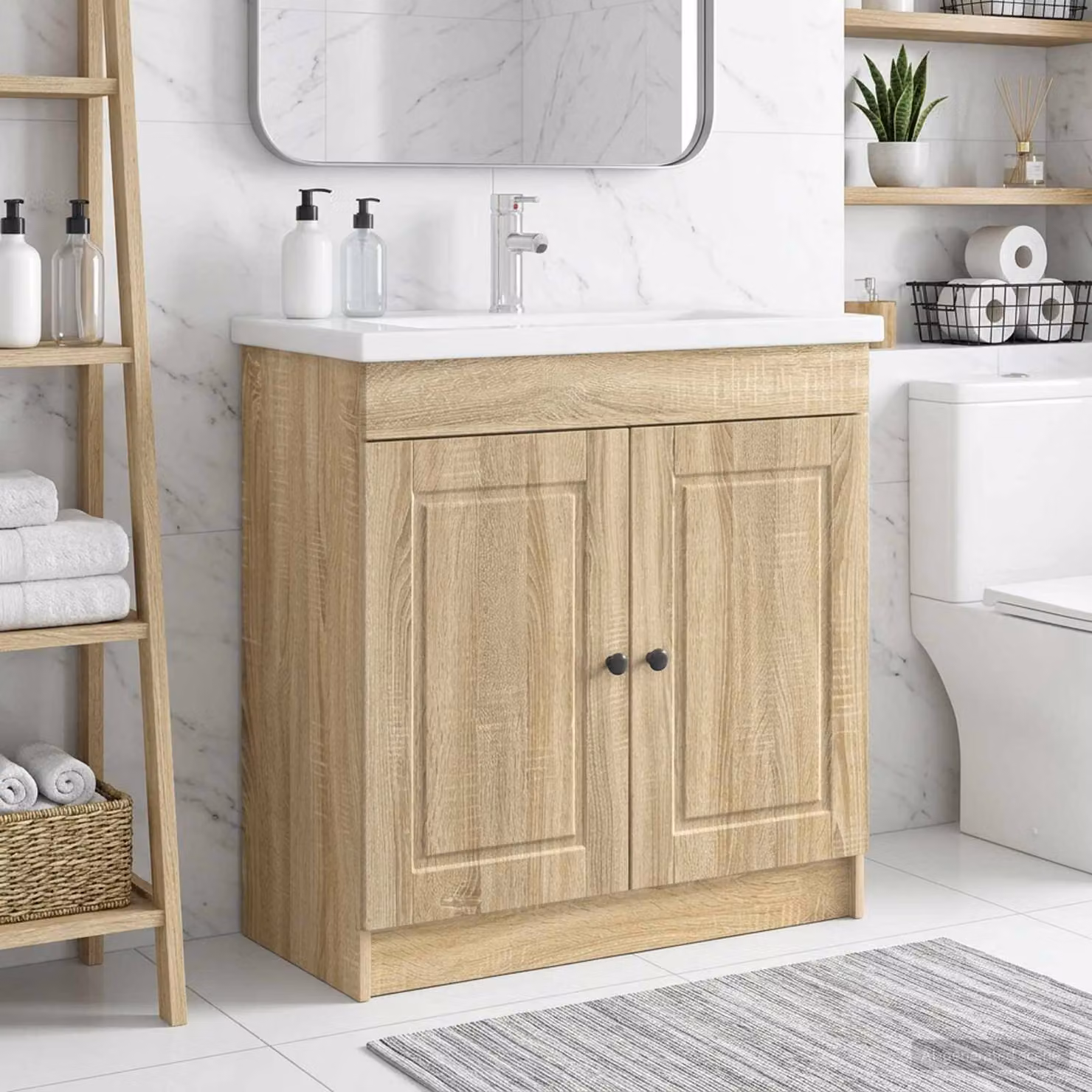 Mobiletto da bagno sotto il lavello vidaXL in Rovere Sonoma, colore marrone, con ante a battente e ripiani interni, L/P/H: 81,0 x 37,5 x 21,96 cm