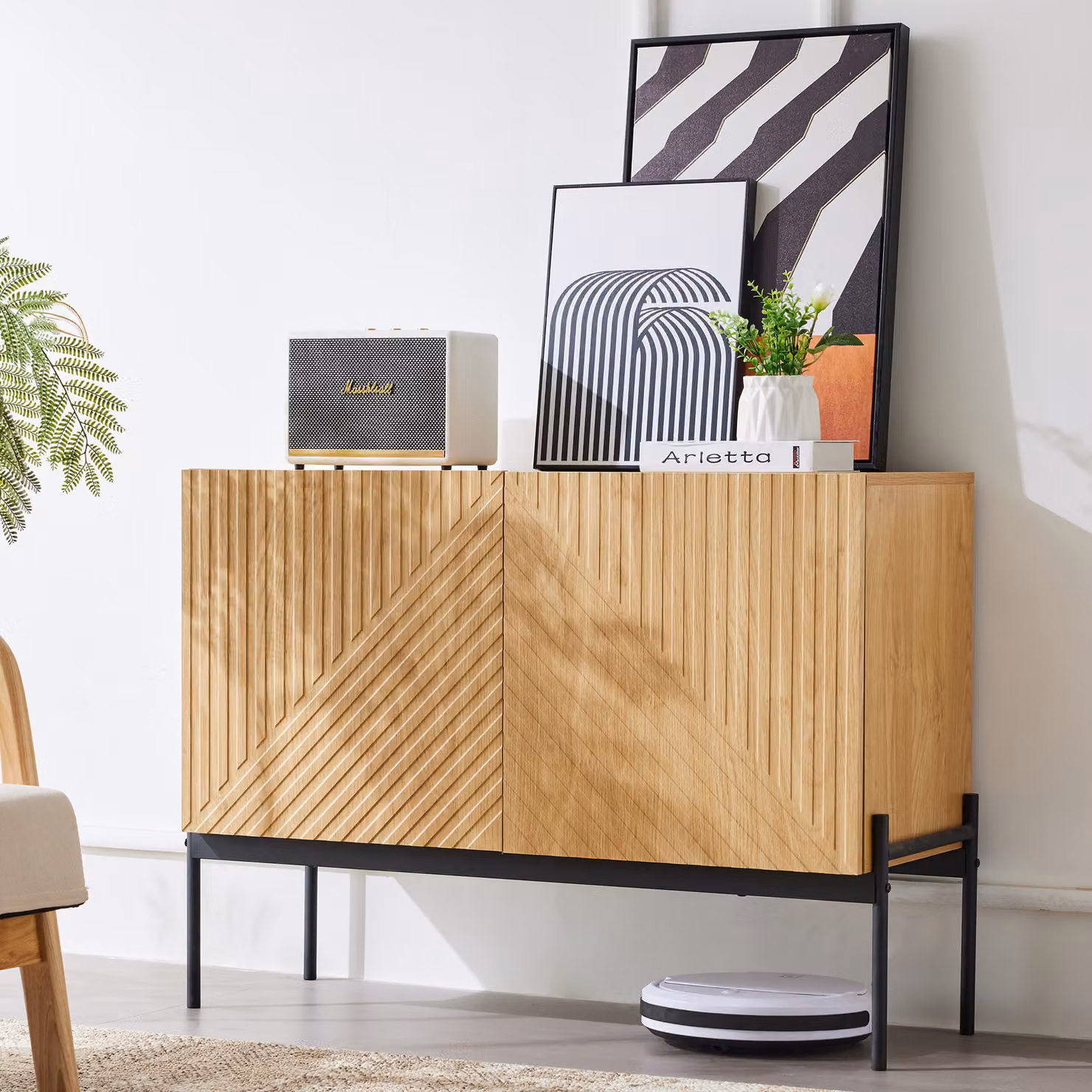 okwish Cassettiera per cucina con 2 ante e gambe in metallo, credenza universale, mobile indipendente, dimensioni: 75 x 100 x 40 cm, naturale