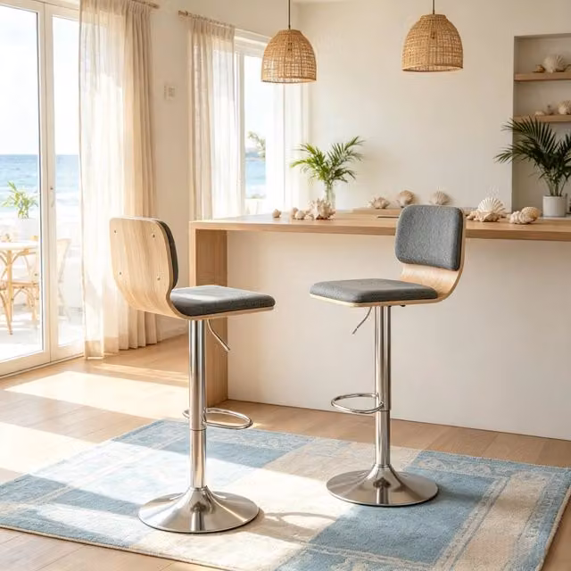 Set di 2 sgabelli da bar MIVRAY girevoli a 360 gradi regolabili in altezza in tessuto grigio con schienale e poggiapiedi – 1