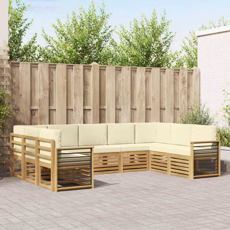 vidaXL Set di divani da esterno a forma di U composto da 9 pezzi in legno di acacia e tessuto resistente ai raggi UV, Bianco e Beige
