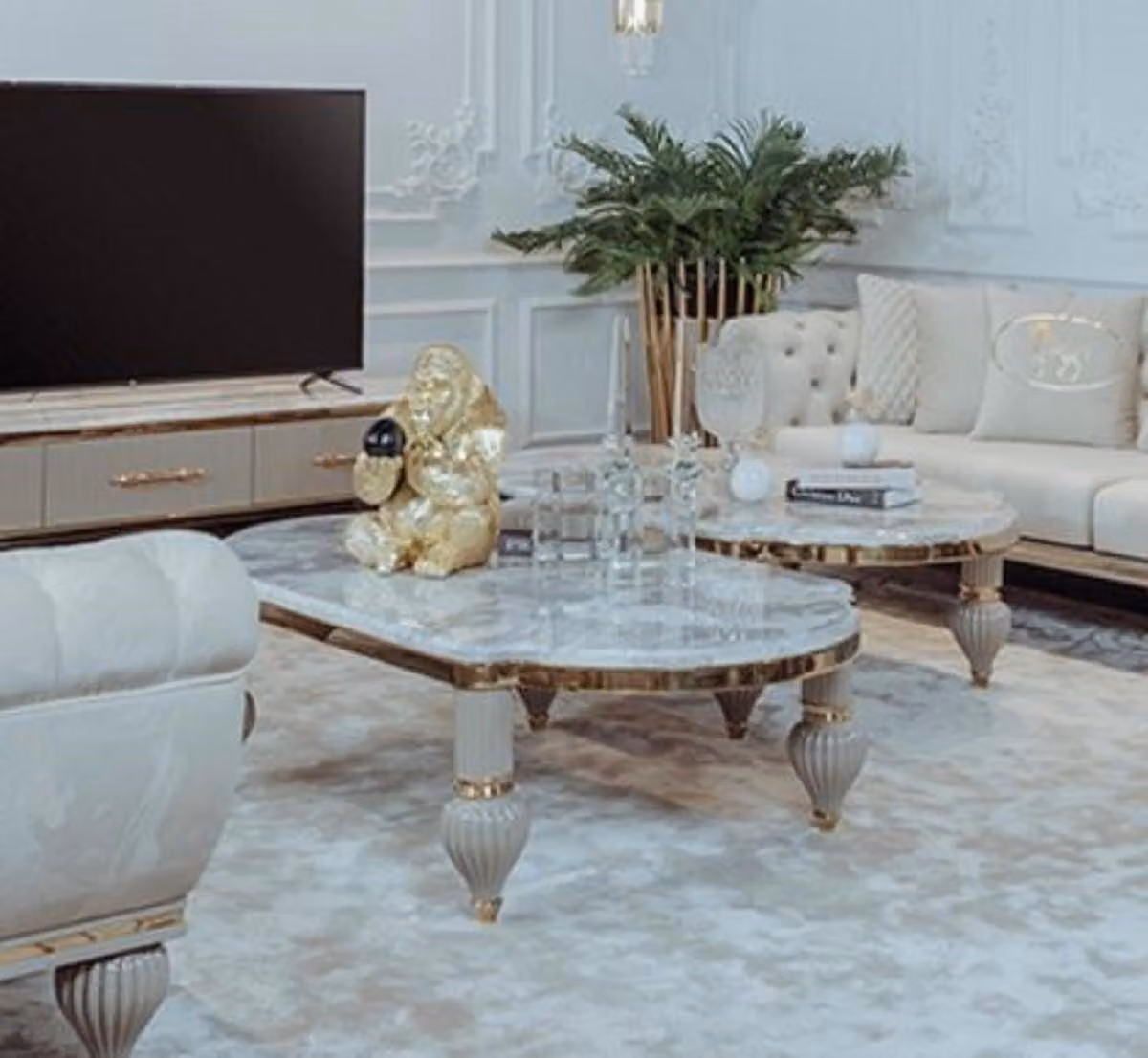 Casa Padrino tavolino Art Deco grigio / bianco / oro 160 x 87 x h. 46 cm - Magnifico tavolo da salotto in legno massello con piano in finto marmo - Mobili da salotto Art Deco