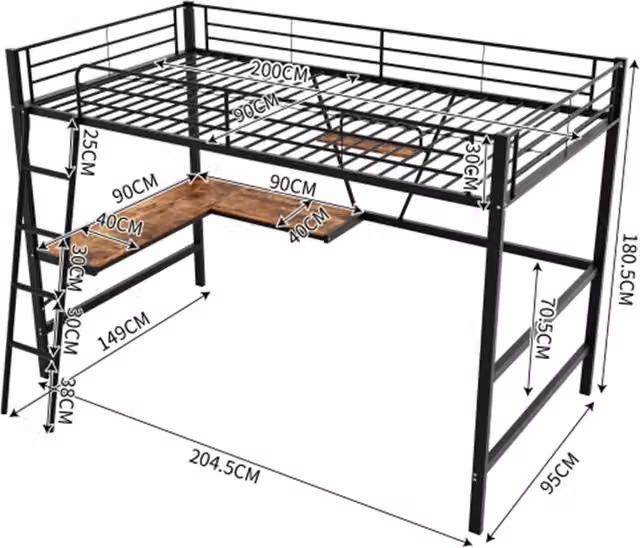 Letto a castello 90x200cm - Xylo - Nero con scrivania a L e scaffale