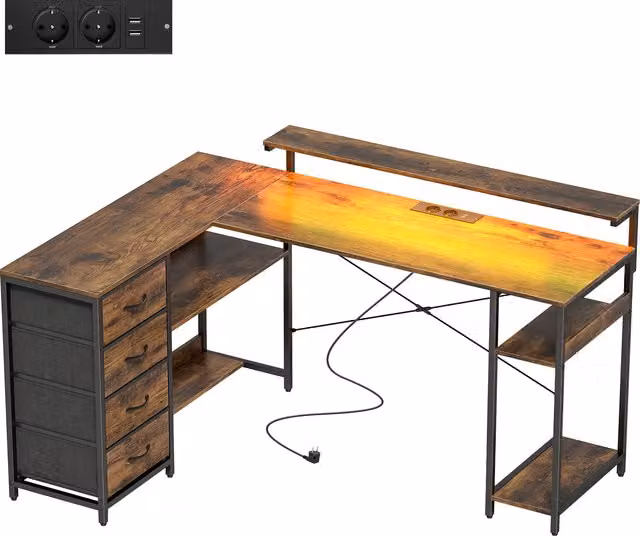 HOMCOM Scrivania Gaming a L con Presa di Corrente, Illuminazione LED, 4 Cassetti e Supporto Monitor, 155x110x91,4 cm, Marrone   Aosom Italy