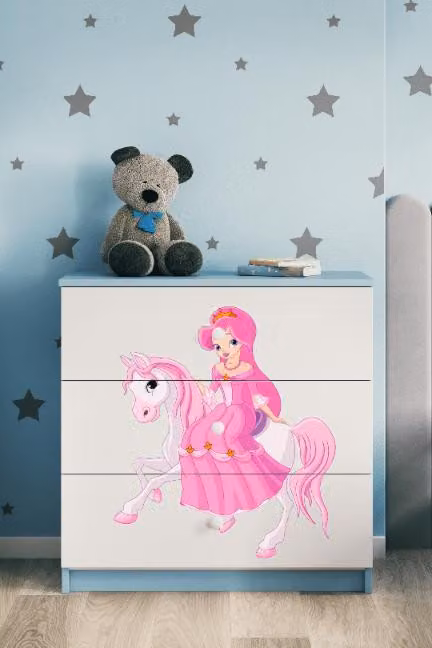 Cassettiera per bambini principessa a cavallo nel colore blu Babydreams