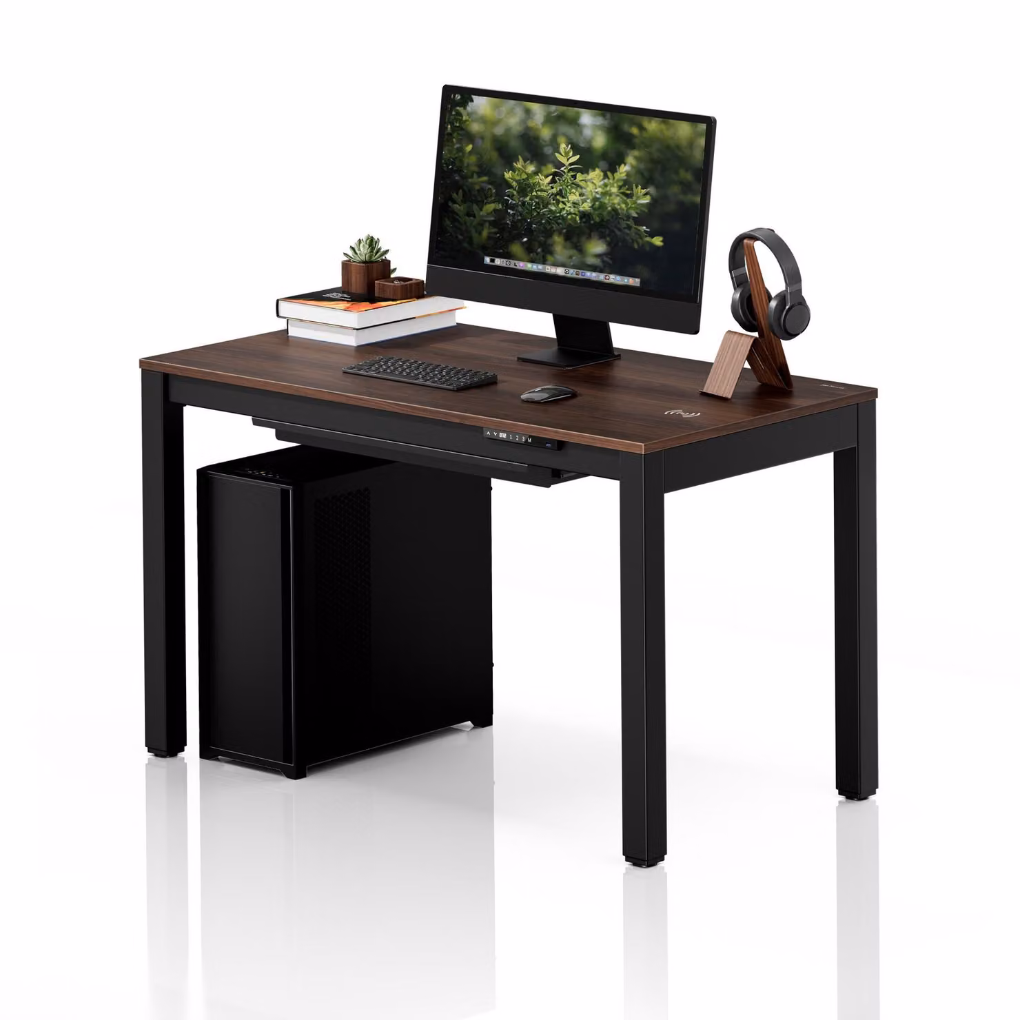 Scrivania regolabile in altezza elettricamente, dimensioni 120 x 63 cm, con funzione di ricarica Qi e USB, colore nero/noce: EVAN