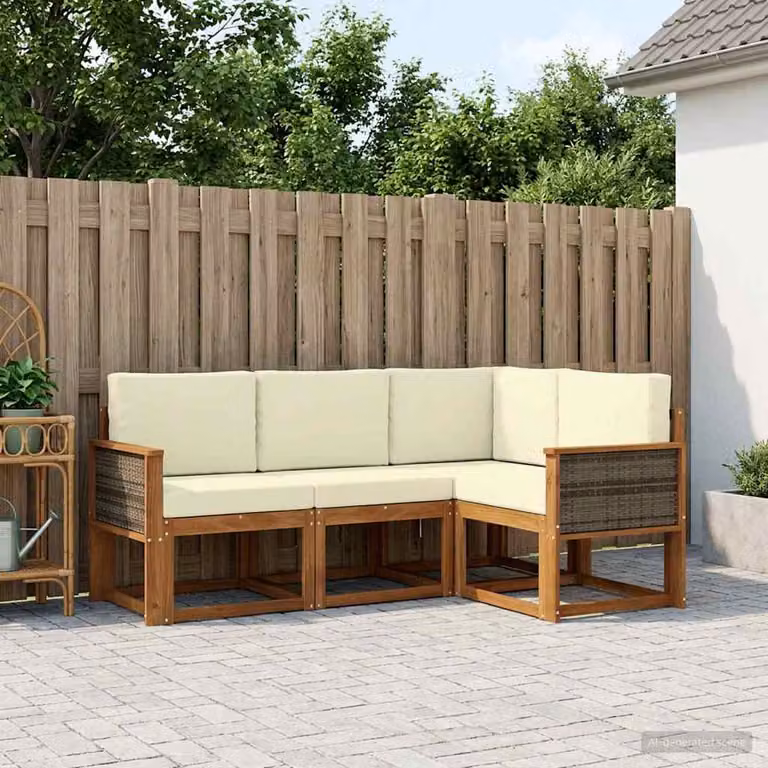 Set di divani da esterno vidaXL a forma di L con tavolo da caffè, in legno di acacia e tessuto beige e bianco, composto da 5 pezzi