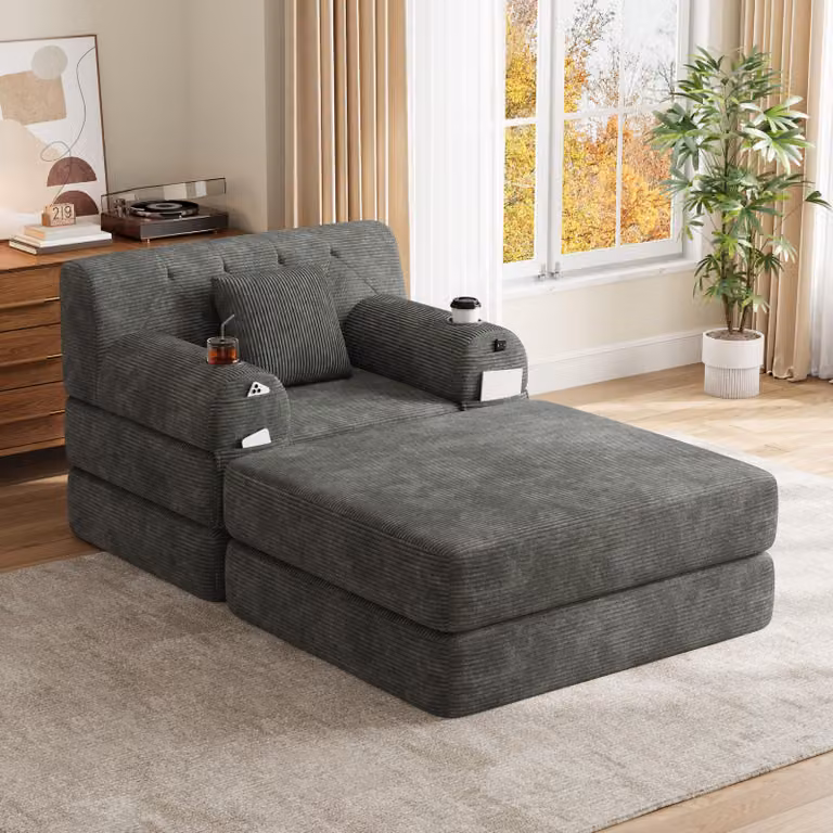 Divano letto MODFU rivestito in tessuto corduroy, divano lounge trasformabile in letto per ospiti, con schienale alto, 4 tasche e 2 portabicchieri, colore grigio scuro