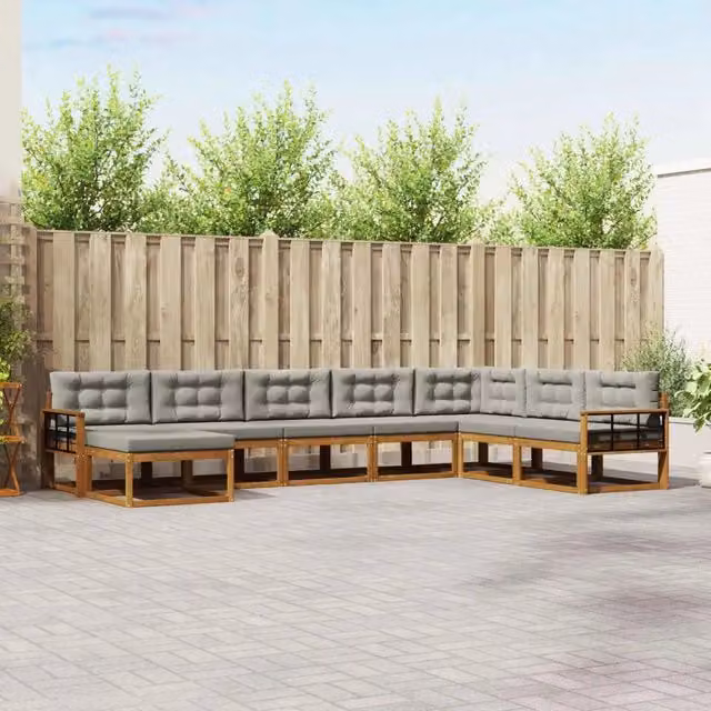 Set di divani da esterno a L vidaXL in legno di acacia con cuscini, 8 pezzi, Grigio e Marrone – 1