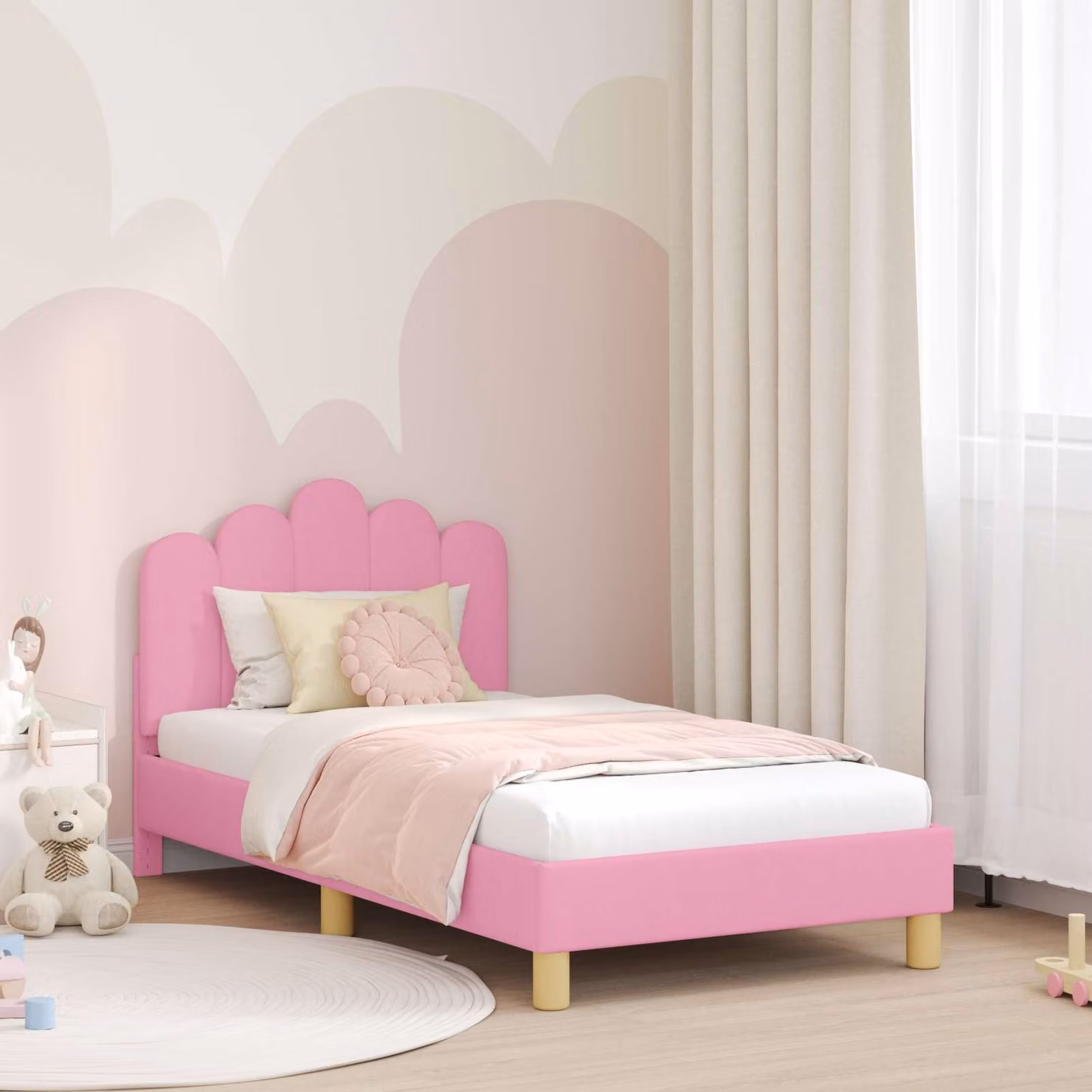 Struttura letto per bambini vidaXL con testata imbottita in tessuto rosa, L 160 x P 80 x H 84 cm