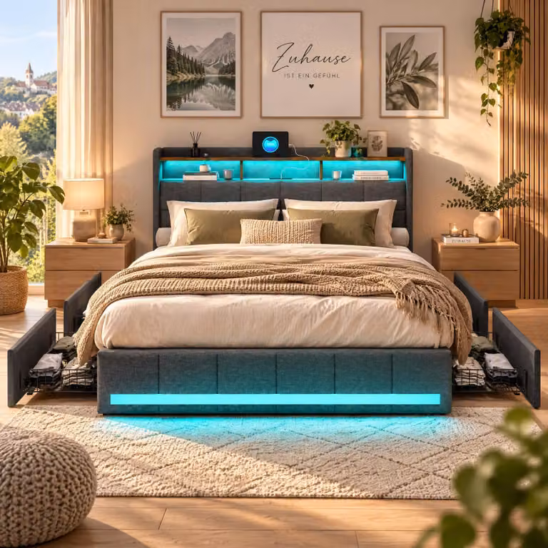 Letto imbottito 160x200 cm con LED nella testiera e presa USB, letto matrimoniale con 4 cassetti, struttura letto con rete a listelli, colore grigio (senza materasso)