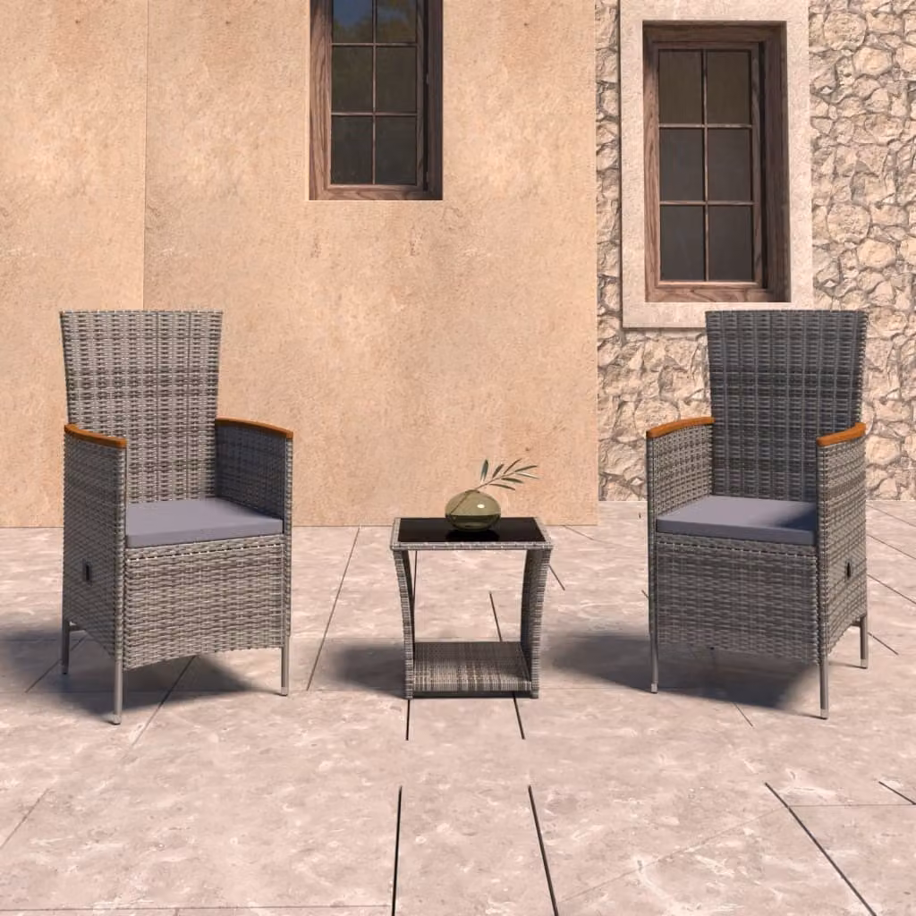 The Living Store Set da giardino 3 pezzi con cuscini in poly rattan grigio