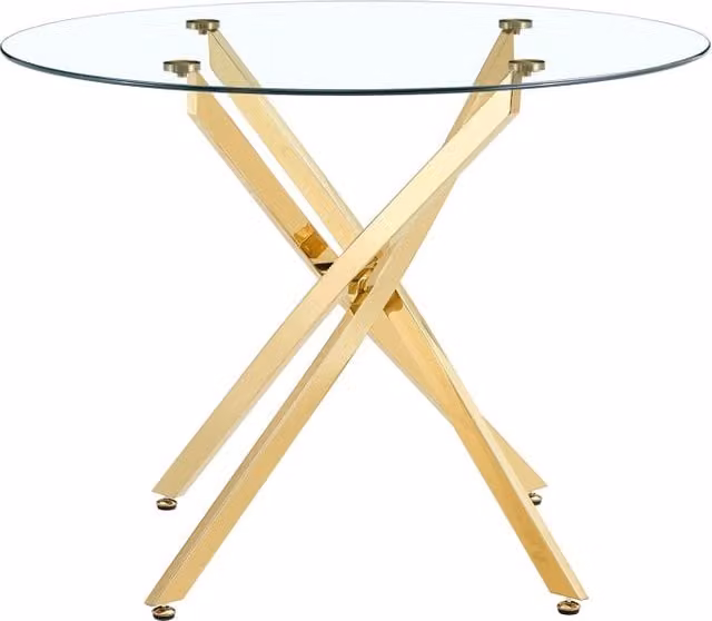 Tavolo da pranzo rotondo Chicfurn con piano in vetro trasparente e base in metallo oro per cucina e sala da pranzo, Diametro: 88 cm
