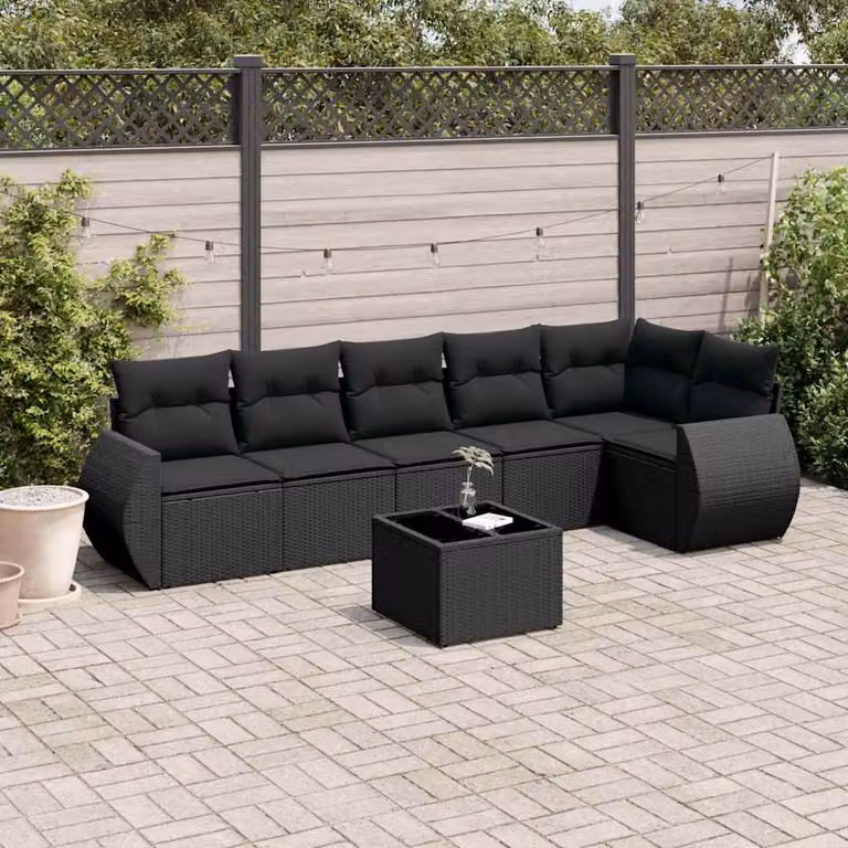 Set Divani da Giardino a L vidaXL in Polyrattan Nero con 7 Cuscini e Tavolino