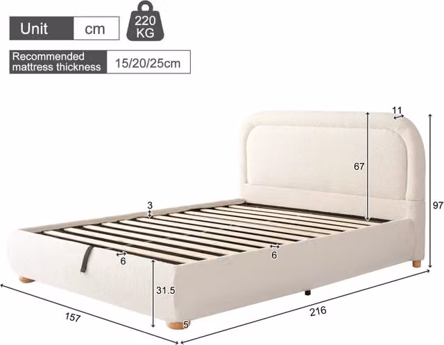 Letto matrimoniale WISHDOR in bouclé beige con contenitore idraulico e testiera imbottita L/P/H: 140 x 200 x 157 cm
