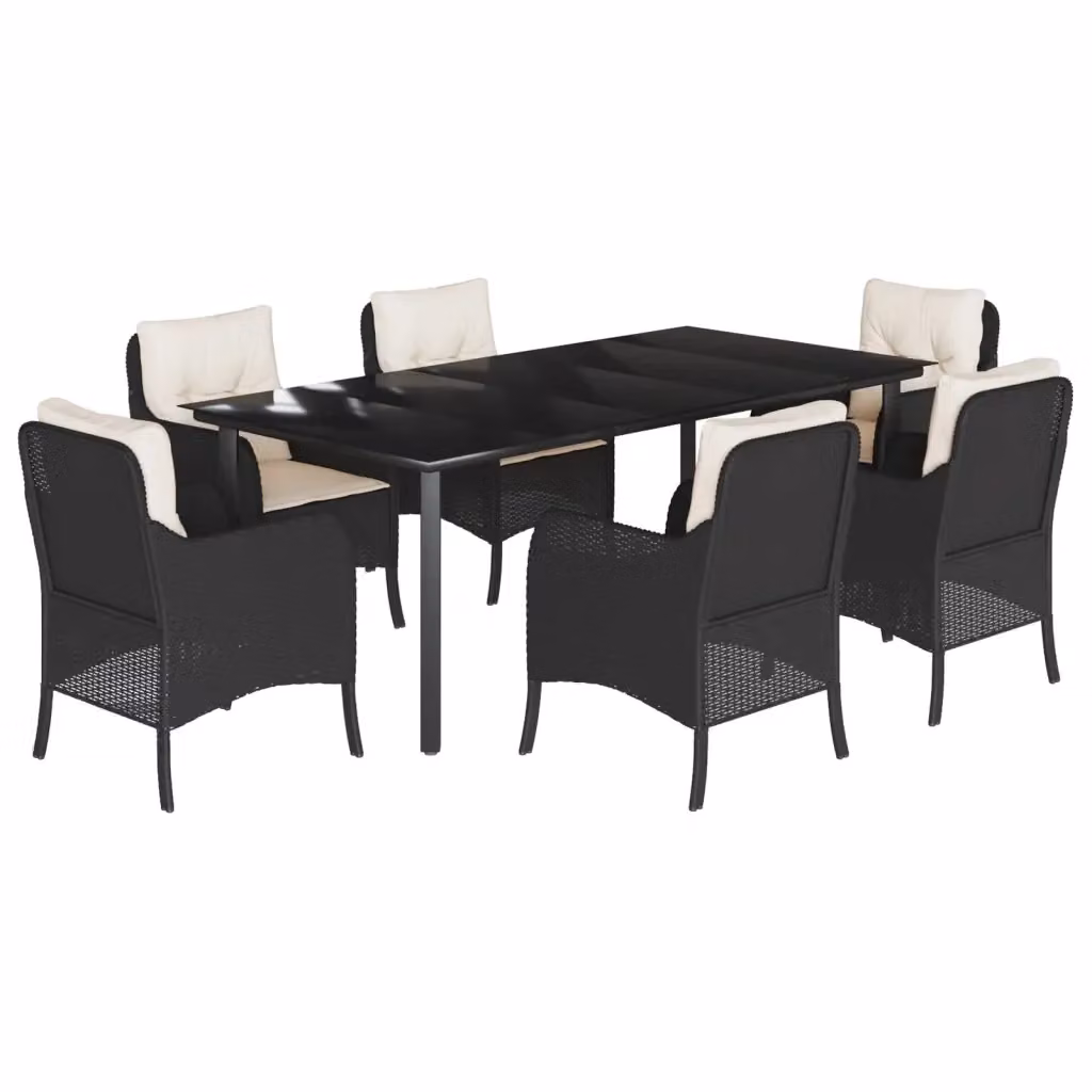 Set da Pranzo da Giardino vidaXL in Polyrattan Nero con Cuscini e Tavolo in Vetro 7 pz – 2