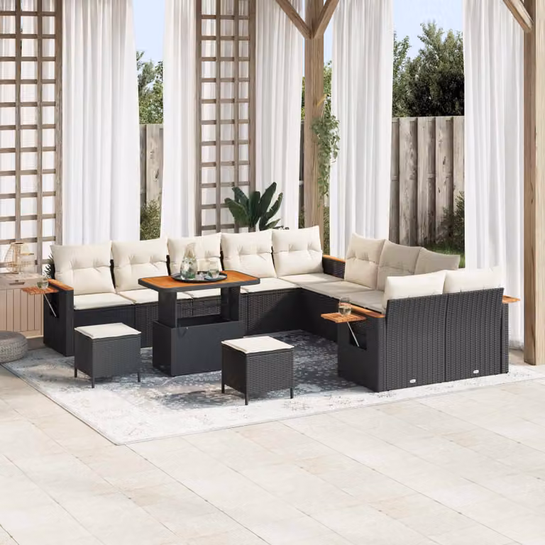 Set Divano da Giardino vidaXL 13 Pezzi Nero con Cuscini e Tavolino da Esterno in Polyrattan e Metallo