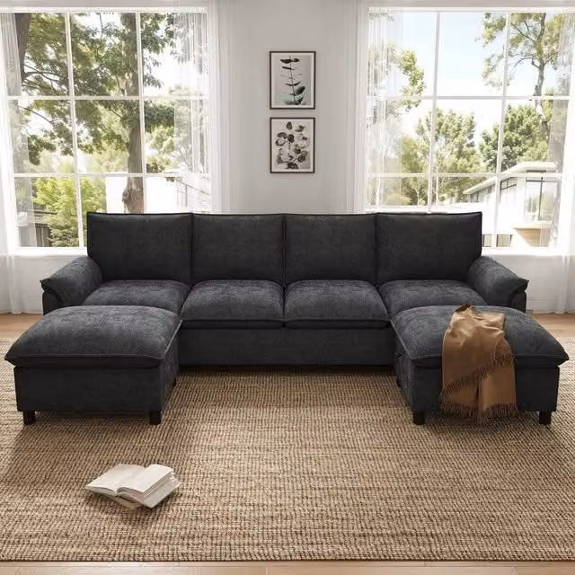 Divano angolare modulare ¨C Minimal ¨C Nero velluto 264,5x142,5x84 cm con poggiapiedi
