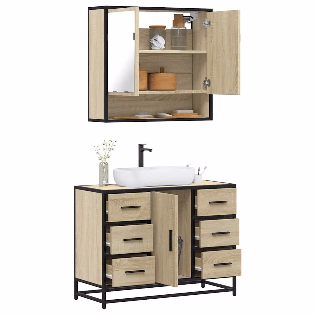 Set Mobili da Bagno 2 pz vidaXL in Stile Industrial con Mobile Lavabo e Armadietto Specchio Marrone