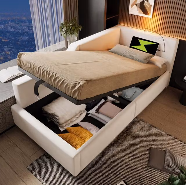 Letto da giorno 90x200 cm con contenitore idraulico; lampada da lettura e USB-C; velluto beige